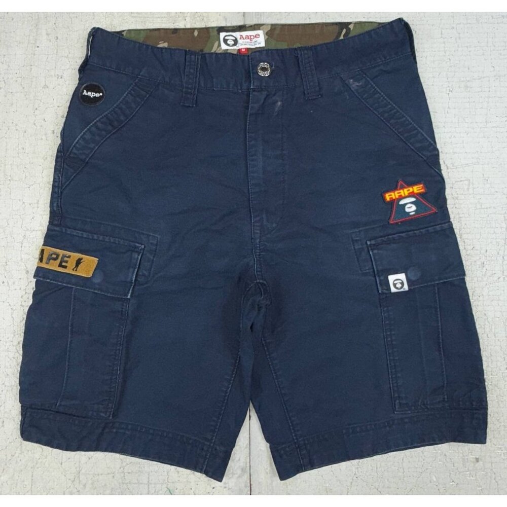 AAPE by A Bathing Ape Navy Cargo Shorts Patches Logo Streetwear Size M